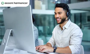 Call center agent using AI-powered accent clarity BPO tools to improve customer communication.
