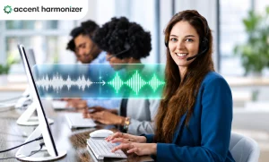 Contact center agents using headsets and computer with Speech Accent Reduction Software in a professional customer service environment.